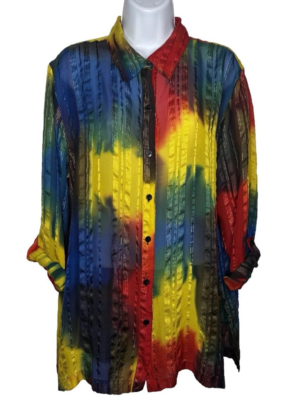 Chicos Sheer Abstract Rainbow Silk Blouse Shirt Size L Metallic Thread Roll Tab